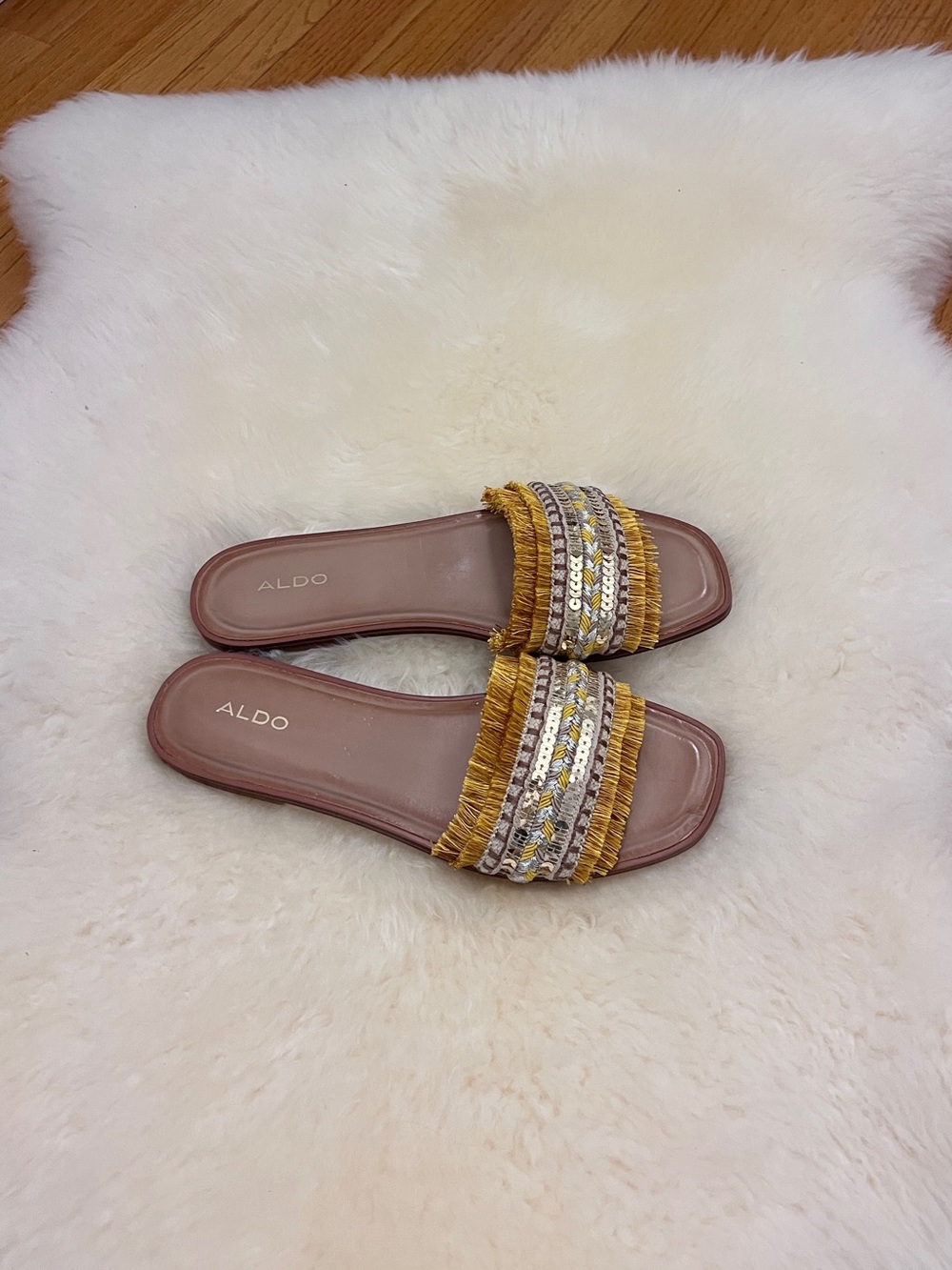 ALDO Gold Fringe & Sequins Embellished Slide Sandals
